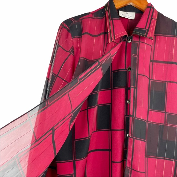 Valentino Red Black Color Block Gold Metallic Layered Button Up Top Size Large - Picture 3 of 7